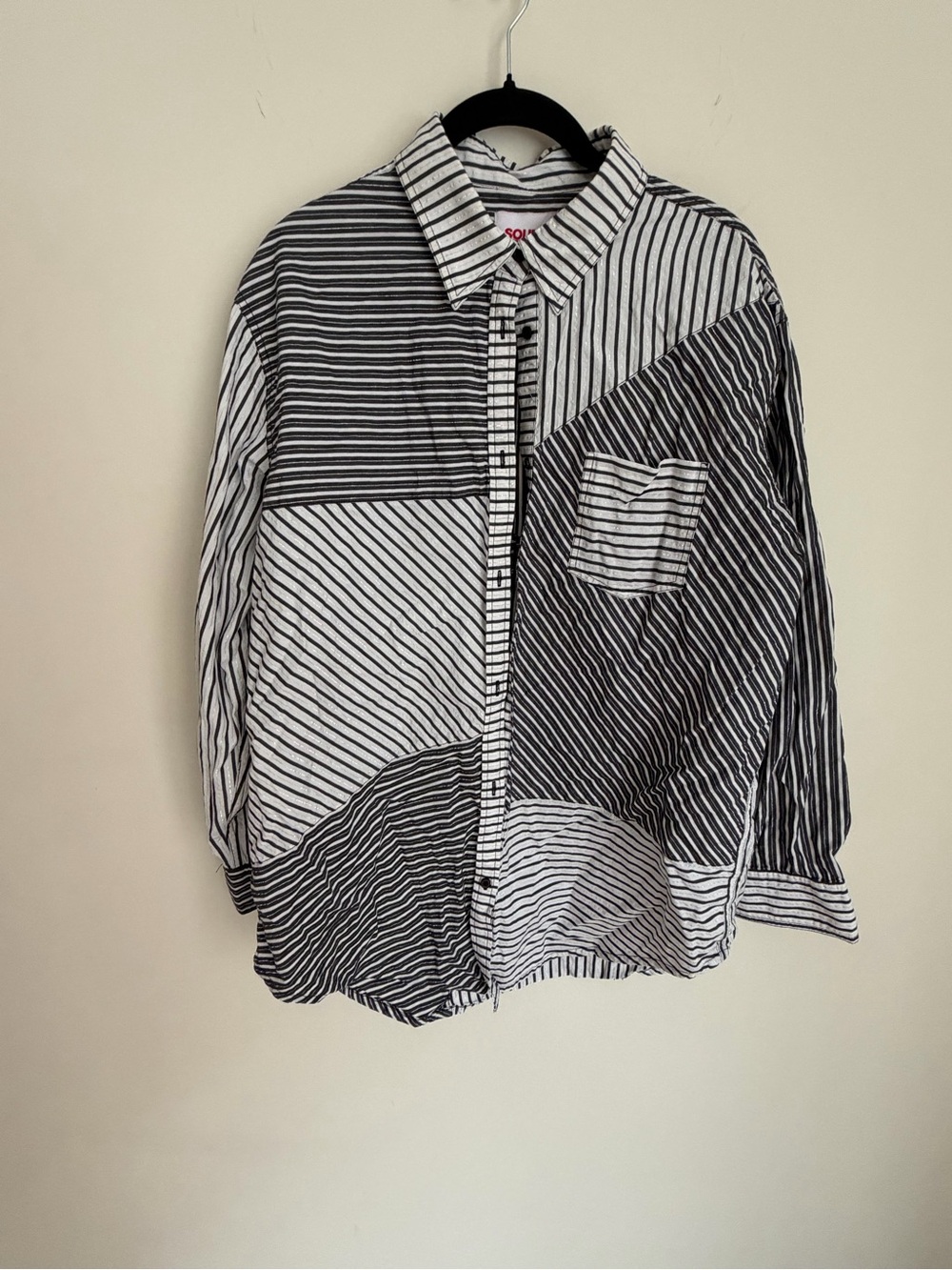 SOLID & STRIPED Black and White Patchwork Stripe Button-Down Shirt